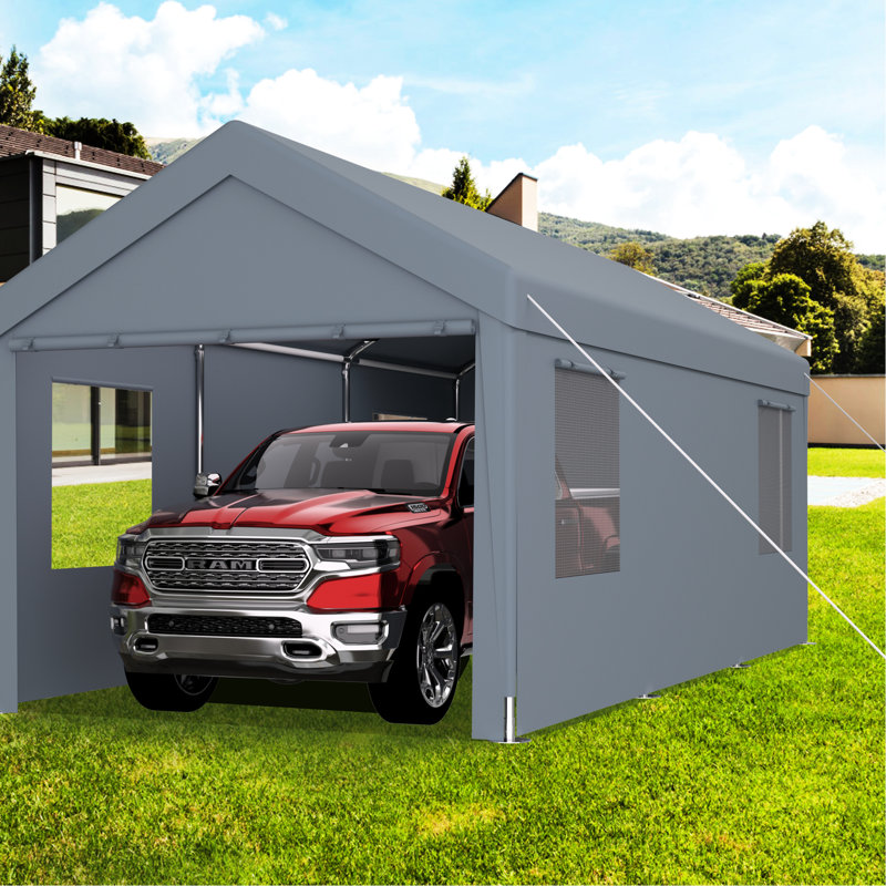 Abri de garage 10 pi x 20 pi avec auvent et 2 portes, 4 fenêtres d'aération, cadre gris pour abri de véhicule 10 x 20 pi, rangement extérieur