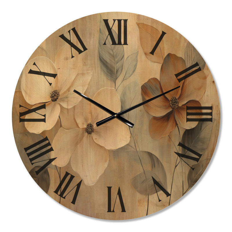 Horloge murale de style ferme, grande taille, imprimée sur bois, avec des fleurs crème et cuivre., Medium