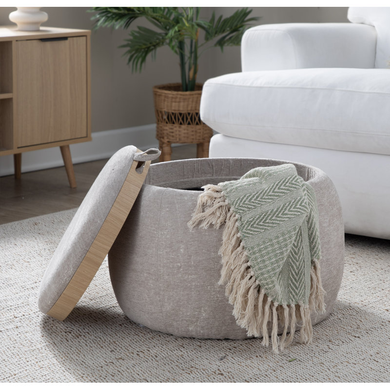 Alvena Fabric Pouf Ottoman with Tray Top, Light Brown