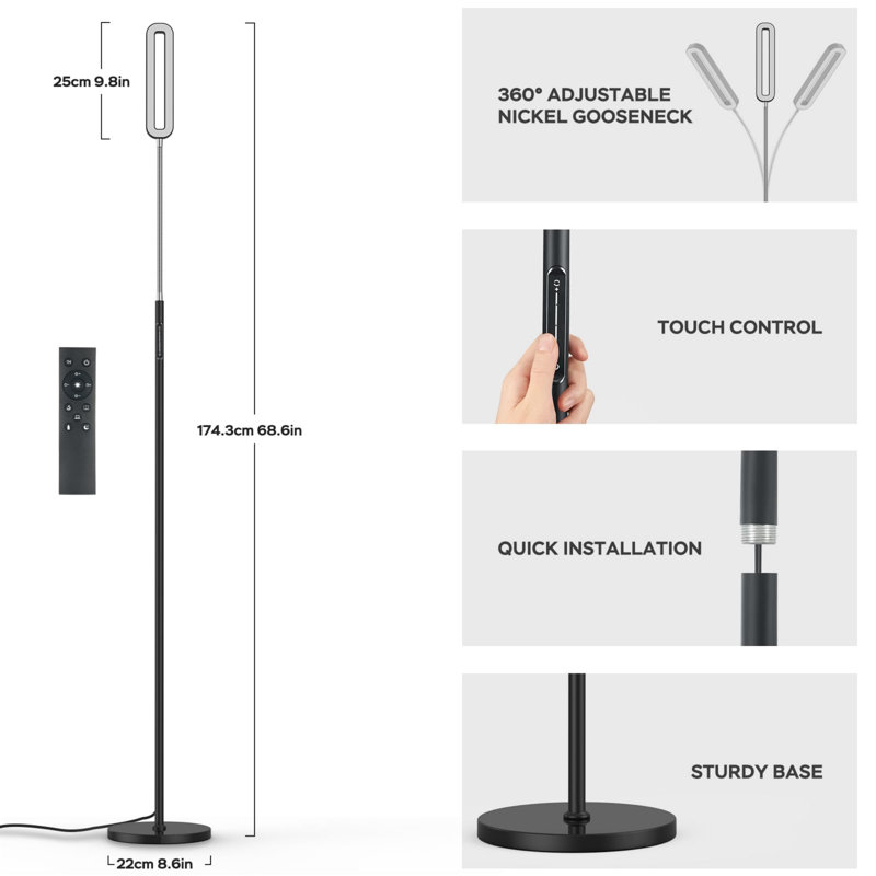174cm LED Arched Floor Lamp, Black, 12 Watts