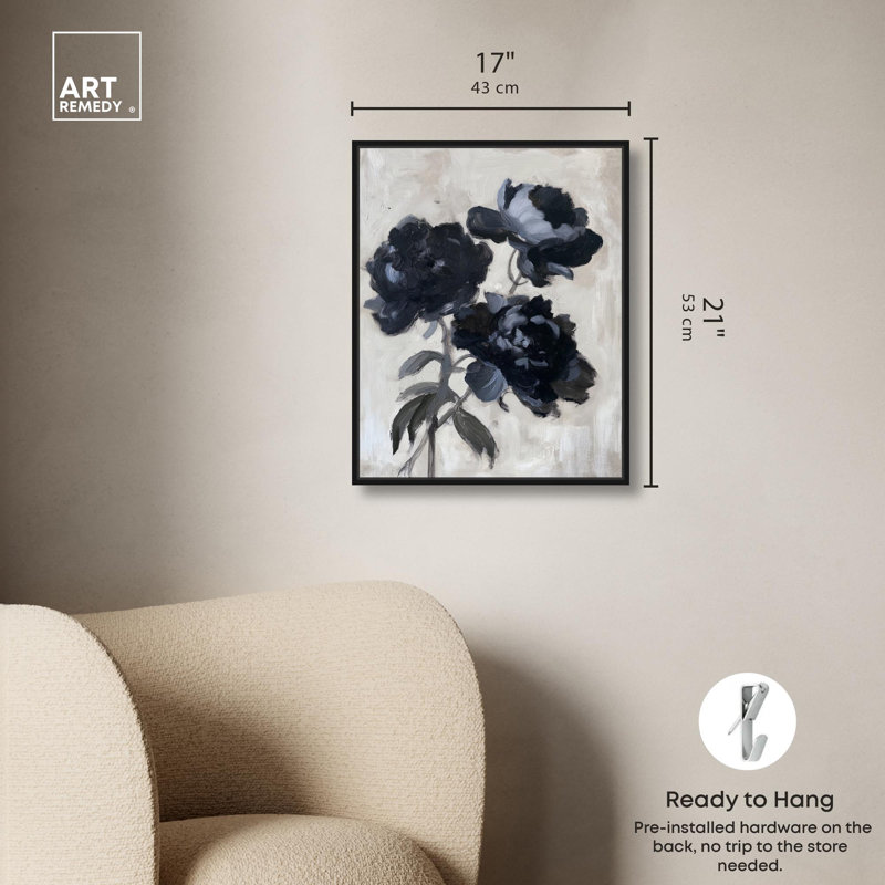 Pe pivoines dans l'ombre, impressions élégantes sur toile par Art Remedy, H 21 po x l 17 po, Cadre flottant noir