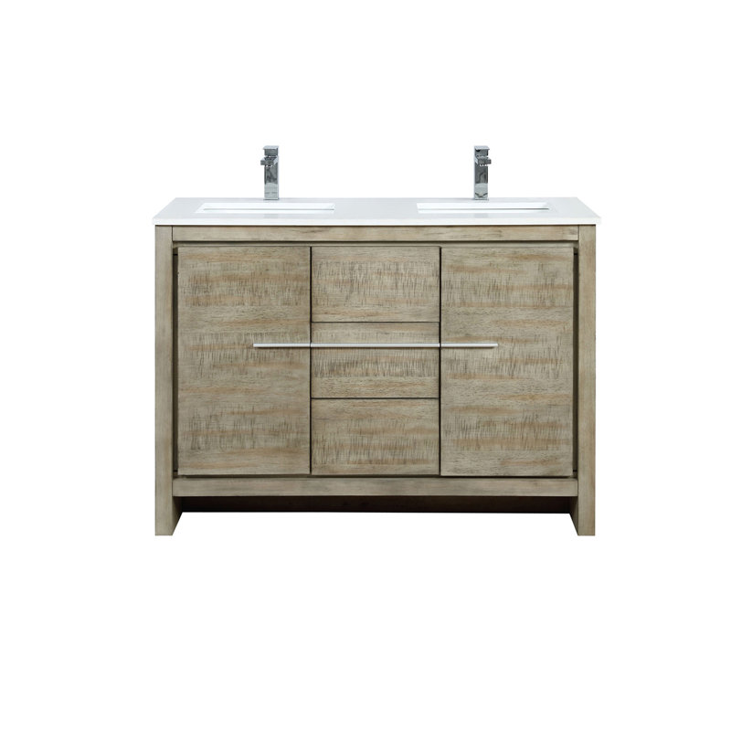 Meuble-lavabo double en acacia rustique 48 po X P 20 po D, ensemble en marbre de culture et robinet chromé, Bois d'acacia