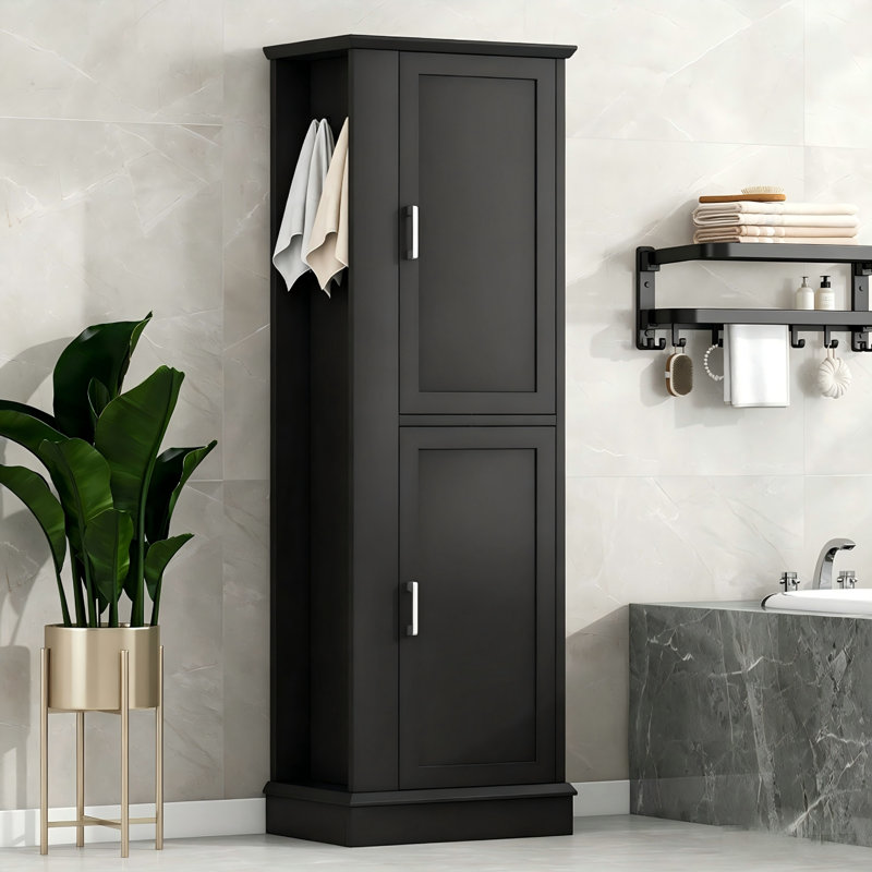  Freestanding Tall Bathroom Storage Cabinet with Hook and Adjustable Shelf, Black
