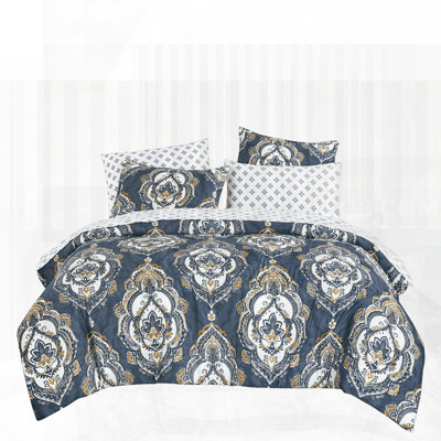 Navy Blue & Gold Damask Print Bedding Set - All-In-One Comforter & Sheet Collection,King
