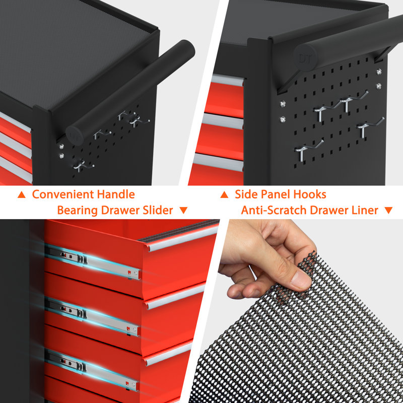 Efficient Storage Tool Cart & Worktable With Smooth Drawer Slides And Versatile Organization, Black/Red