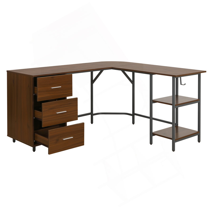 L-Shape Home Office Two Tone Desk With Storage, Walnut