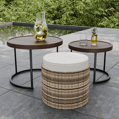 22.8 in. Round Wood Top Nesting Coffee Tables and Ottoman with Beige Cushion by 17 Stories