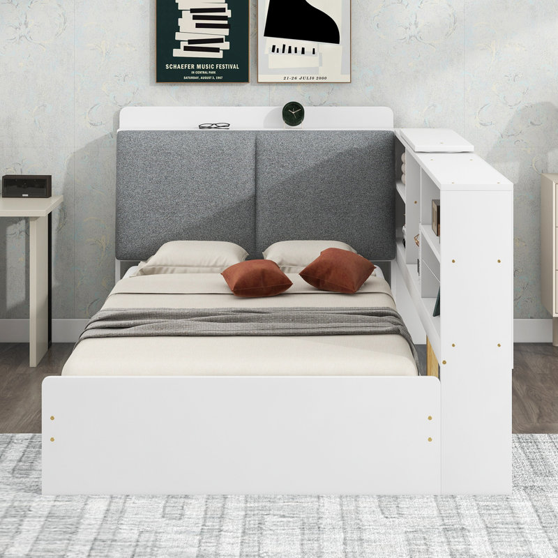 Lit plateforme simple en bois avec tête de lit avec rangement, tablettes, 2 tiroirs et planche tournante, tête de lit tapissier