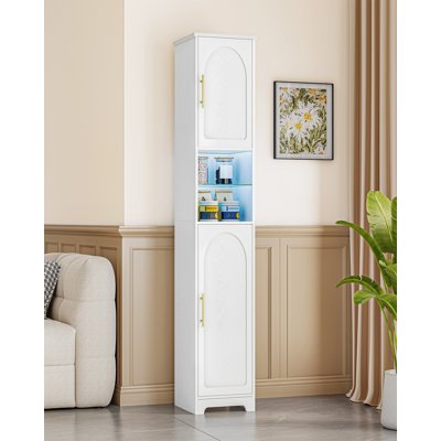 Tall Bathroom Cabinet with Lights, Slim Bathroom Storage Unit with 2 Doors and Adjustable Shelves, Narrow Storage Unit for Small Spaces