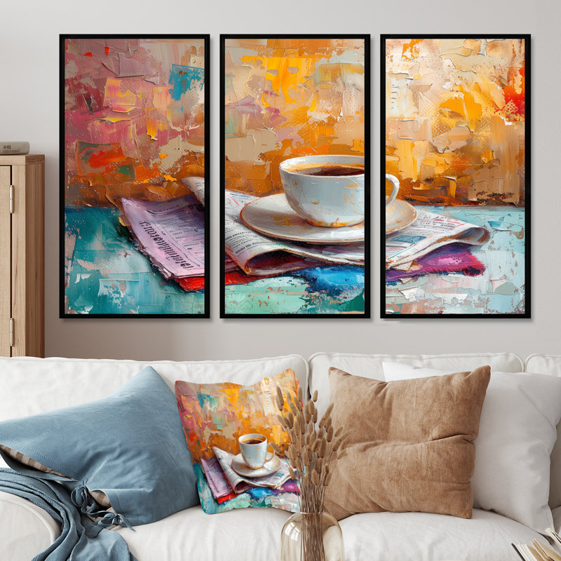 Morning Cozy Cup Of Coffee - Ensemble de décoration murale café, Toile avec cadre flottant noir, H 32 po x l 48 po x P 1 po