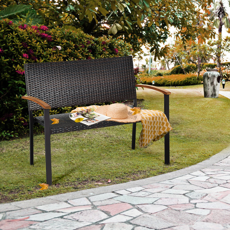 Outdoor Black Rattan and Acacia Wood Loveseat Bench