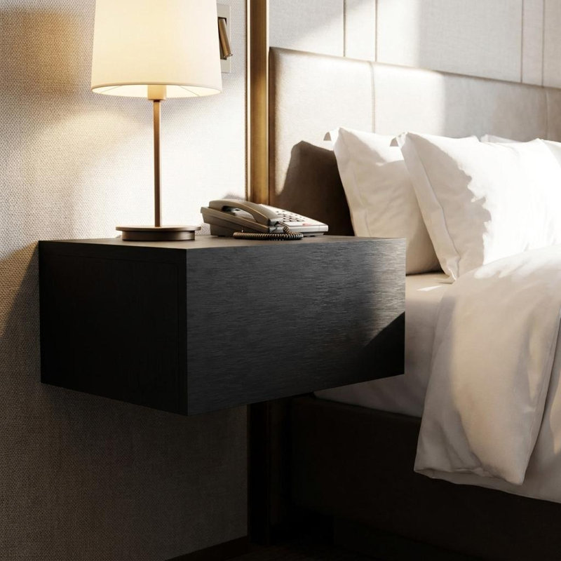16" Black Wood One Drawer Floating Nightstand, Black