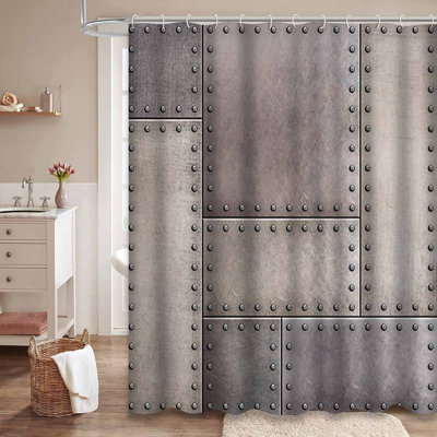 Metal with Tile Rustic Steel Sheet Abstract Backdrop Board Brown Dark Waterproof Shower Curtain with 12 Hooks