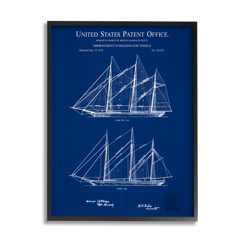 Schéma détaillé de brevet de bateau bleu, Cadre noir, L 11 po x H 11 po