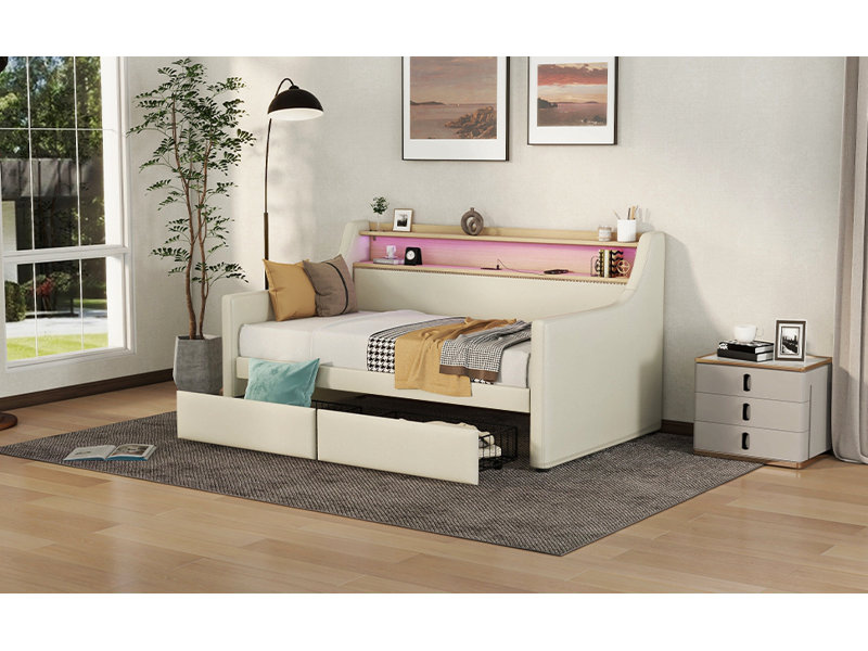 Lit de jour simple avec tiroirs de rangement, lit de jour rembourré avec station de charge et lumières à DEL, beige