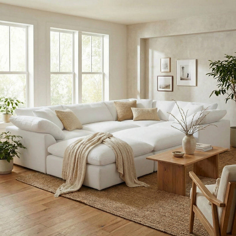  Mielke  Cloud-Inspired 132" 6 Piece Oversized Deep Lounge Slipcovered Modular Corner Sectional with 2 Ottomans | Performance Fabric Washable Water-Resistant Stain-Proof | Deep-Seating Down-Filled Couch | Plush Cushions, Modern Design 