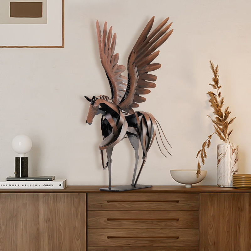 24 "H, statue de cheval en métal faite à la main, sculpture de cheval volant grec Pégase, Brun rétro