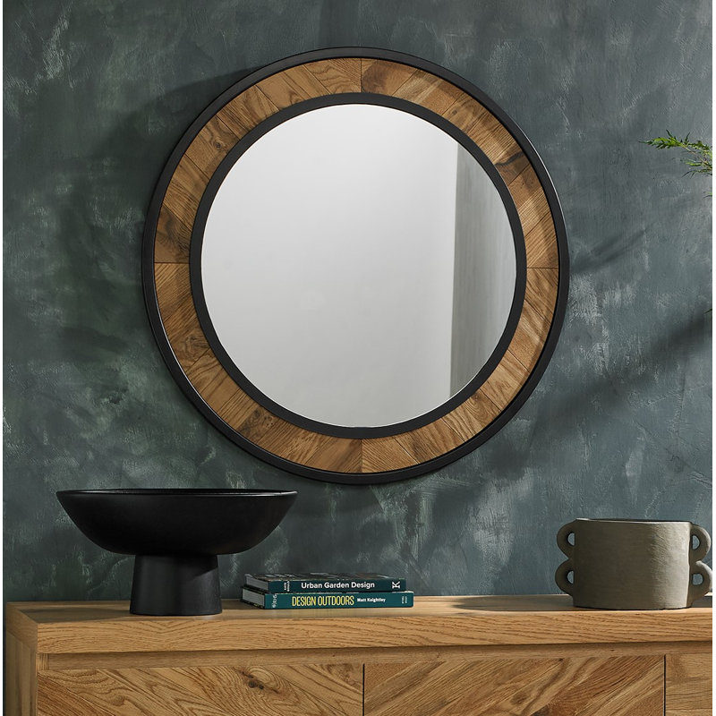 Septimus Oak Round Wall Mirror, Rustic Oak
