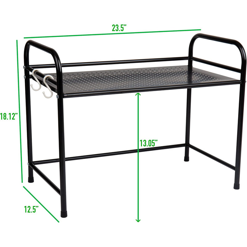 Black Metal Microwave Stand with Hooks and Shelf