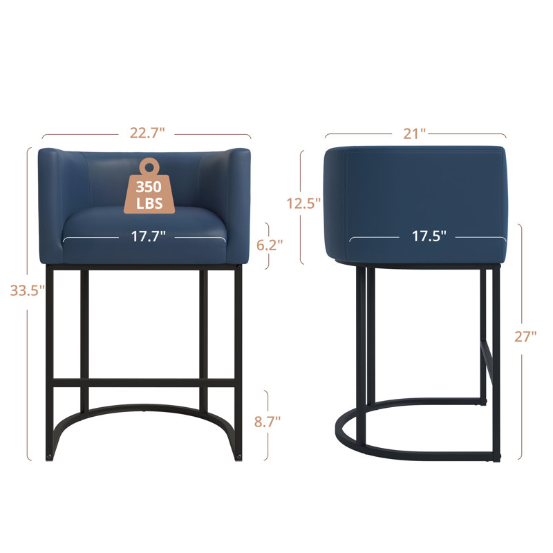 Upholstered Counter Stool, Navy Blue Seat/Black Frame/Faux Leather
