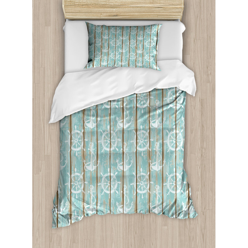 Duvet Cover Set, Twin Duvet Cover + 1 Pillow Sham, Marine Elements Wood