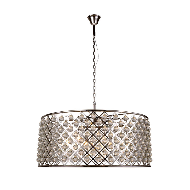 Lustre cylindrique unique à 10 lumières avec détails en cristal Swinney, Nickel poli