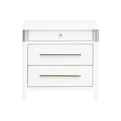 Table de chevet à 3 tiroirs au fini blanc, avec intérieur doublé de feutre, accès pour cordon caché, joints, idéal pour la troisième chambre à coucher avec bois d'hévéa massif, bois d'ingénierie, placage stratifié lisse et 45 mm