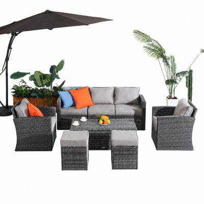 Grey Pe Rattan Seater Modular Garden Sofa Set With Waterproof Storage Coffee Table, Powder-coated Iron Frame
