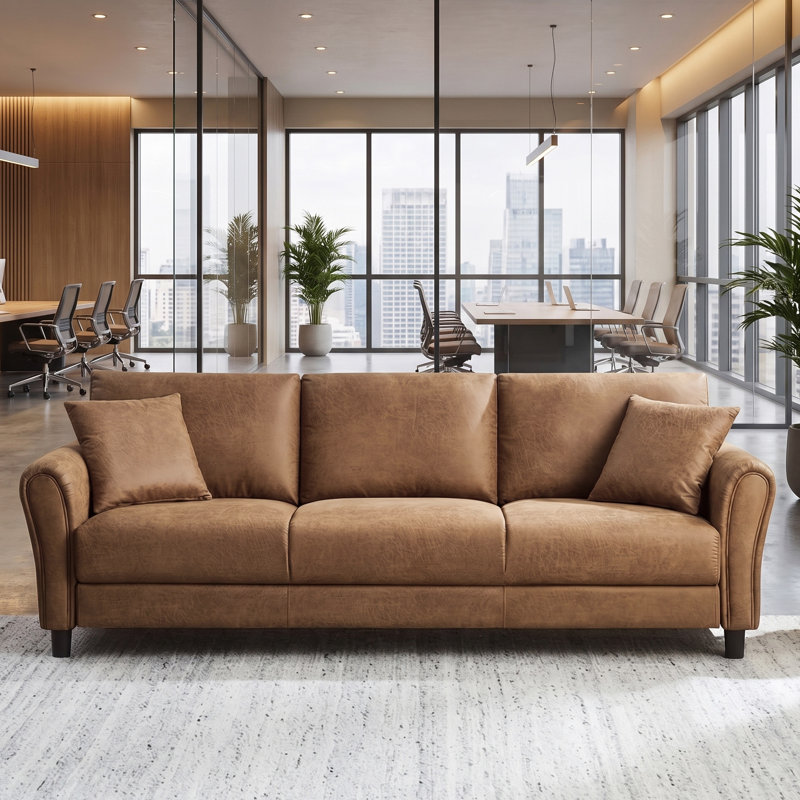 86.5“ Mid-Century Modern Faux Leather Rolled Arm Couch ,3 Seater Sofa, Light Brown
