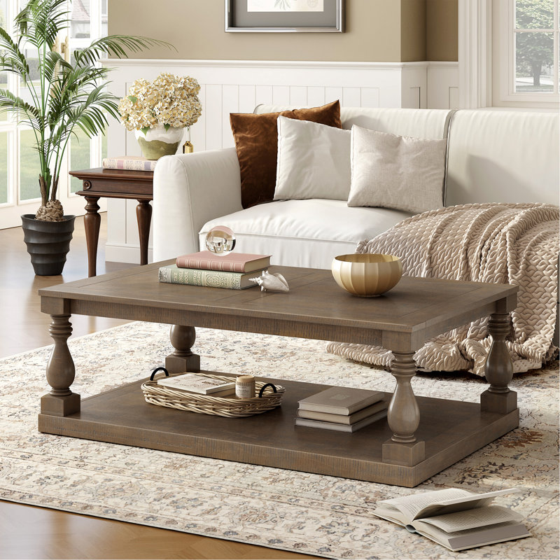 Table basse rétro avec pieds de colonne en vase artistique et placage de pin luxueux pour un charme intemporel, convenant au salon et à la salle d'étude