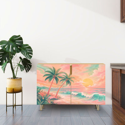 Sideboard Buffet Cabinet with Storage Tropical Beach Ocean with 2 Doors for Living Room and Kitchen