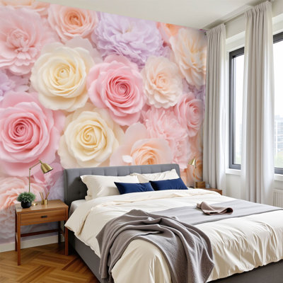 Modern Peel and Stick Wallpaper Pastel Rose Peony Floral Wall Blush Pink Cream Peach Romantic Garden Wall Murals 100"H x 144"W Removable PVC Wall Paper Self-Adhesive Wall Decor for Bedroom Living Room
