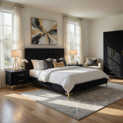Ensemble de chambre avec grand lit 5 pièces Dle, velours noir touffeté, accent or moderne