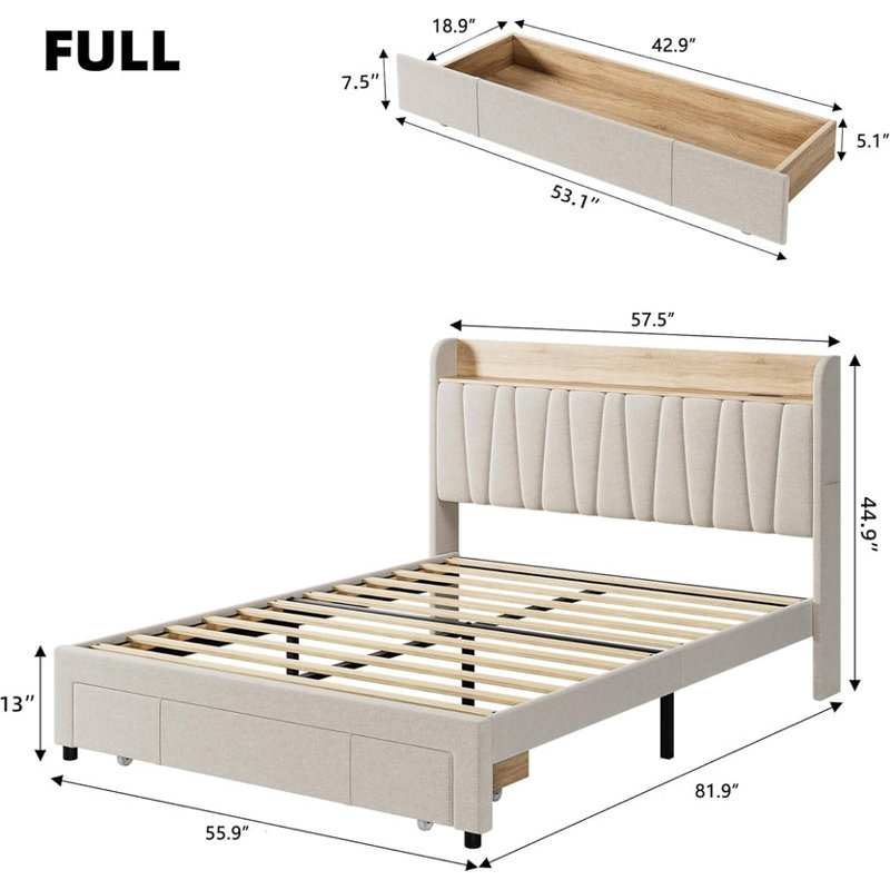 Bed Frame, Storage Headboard and Charging Station, Beige, Queen