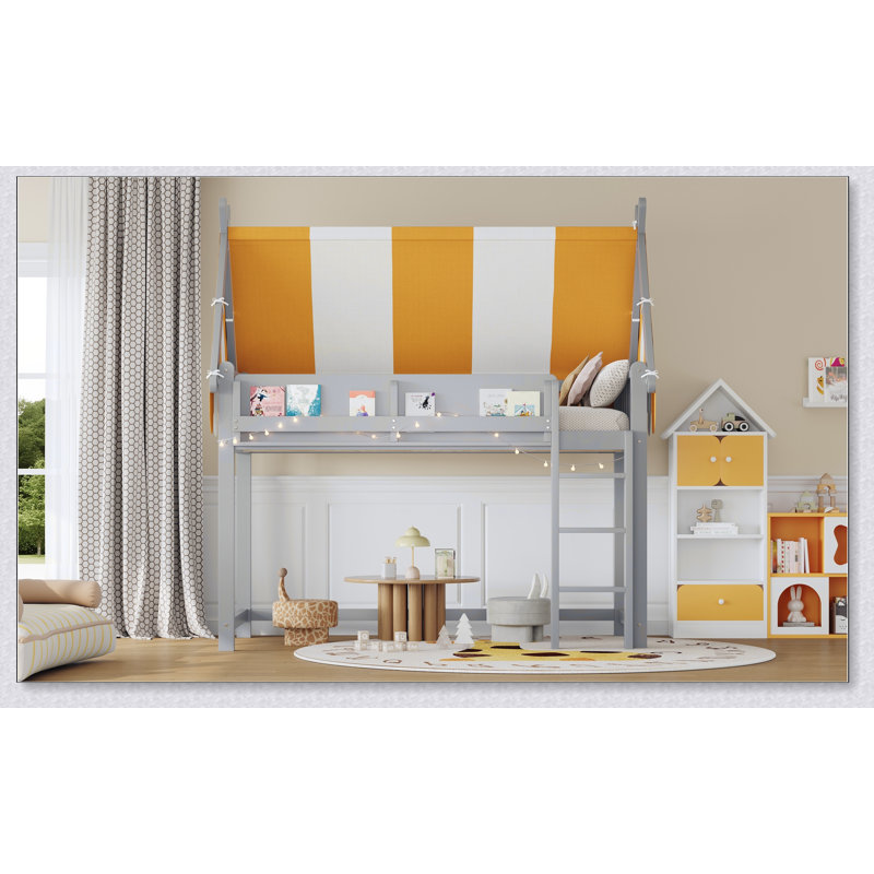 Loft Bed With Canopy, LED Lights & Book Shelf, Lit simple, Gris