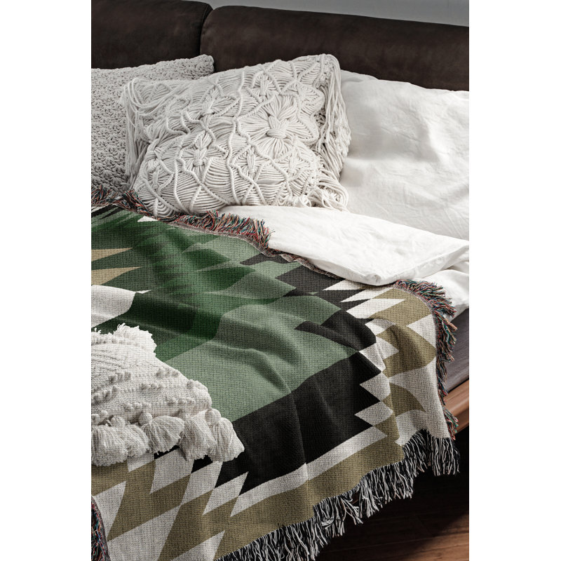 Zio South Western Cotton Blend Blanket Throw, 80" L x 60" W, Green/Off-White/Dull Gold