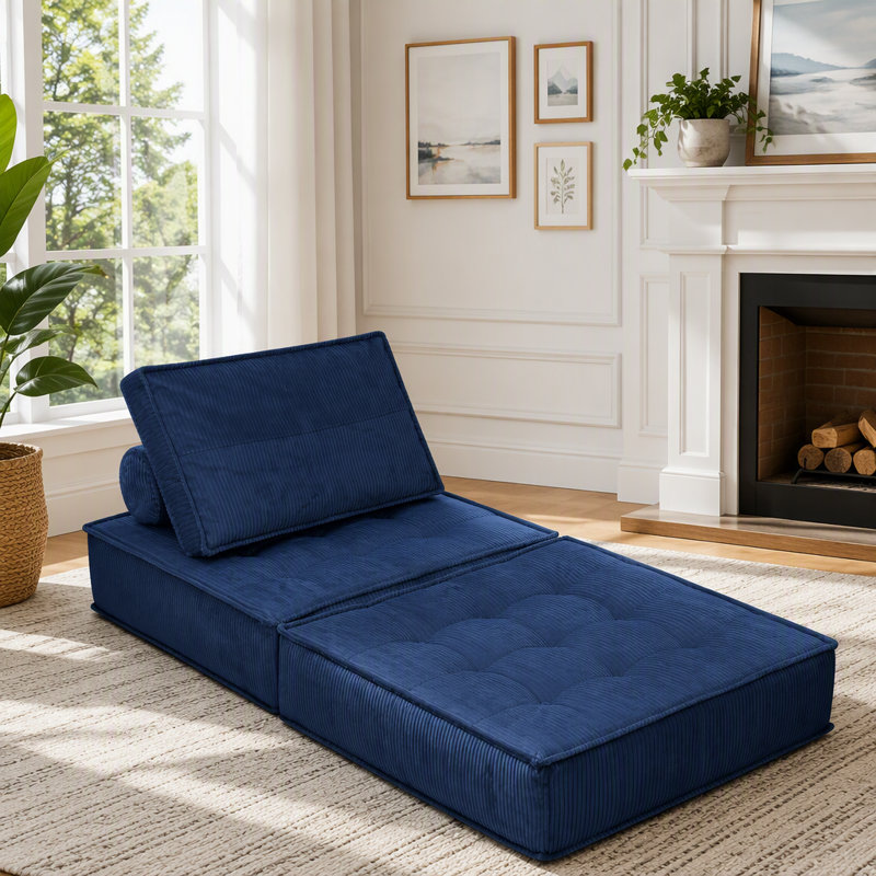 Fauteuil convertible sans dossier, fauteuil modulaire en velours côtelé avec coussins, Tissu bleu