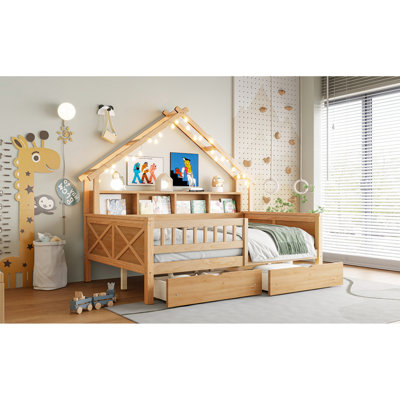 Natural Full Size House Bed With Wood Frame And Led, Drawers, Shelves, Guardrail - A Fun Bedroom Setup For Platform Storage Shelves Multiple Guardrail, Appearance User