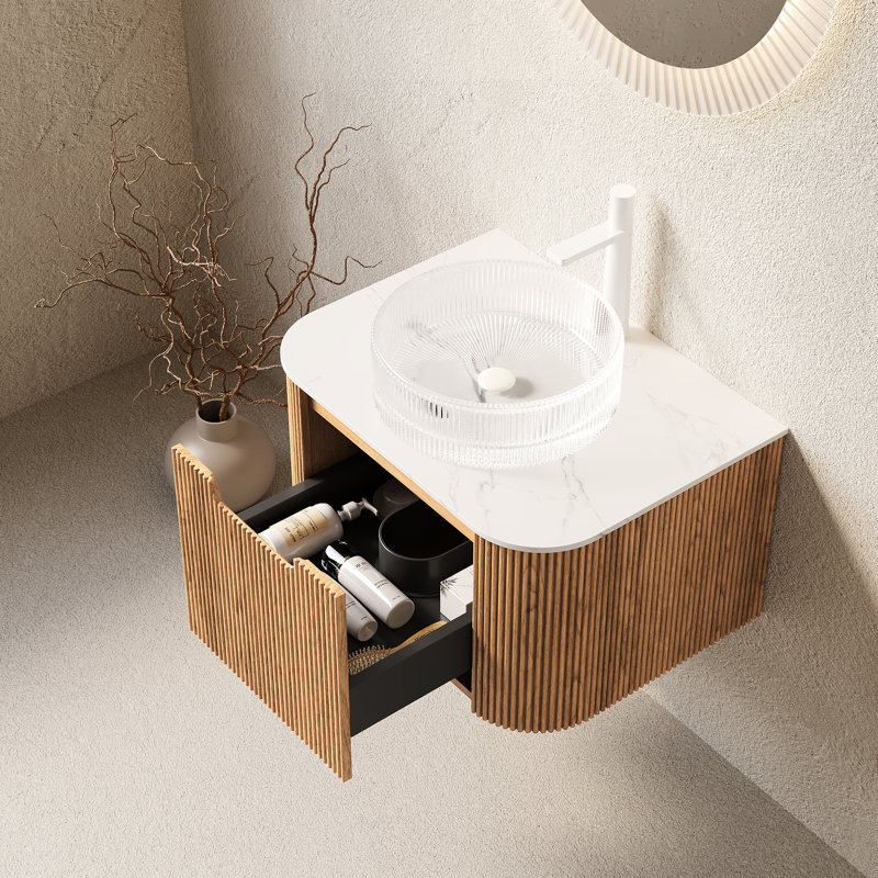 Meuble-lavabo 24 po avec lavabo rond transparent, armoire en bois rayé 3D, tiroir à fermeture en douceur, pré-assemblé, 24"