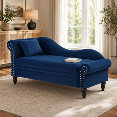 Chaise longue moderne en velours de 164 cm, canapé lounge avec rangement pour chambre, salon et bureau, fauteuil lounge avec accoudoir gauche, accoudoir arrondi orné de clous argentés