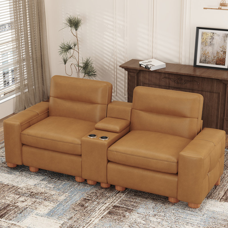 Modern 90" Genuine Leather Sofa With Square-Arm And Storage End Table