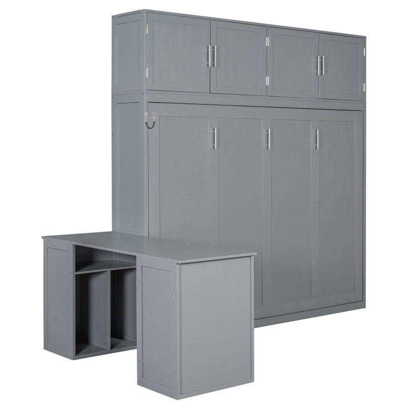 Grand lit escamotable mural avec bureau, tablettes de rangement et grands armoires, gris, Gris