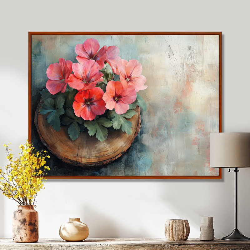 Fleurs de géraniums sur un plateau en bois - Art encadré de géraniums, H 30 po x l 40 po, Cadre flottant, Brun