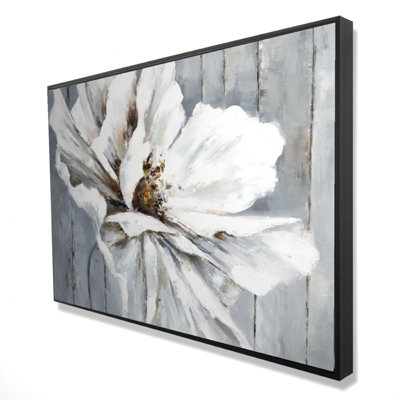 Fleur sur bois - Toile décorative encadrée blanc rustique