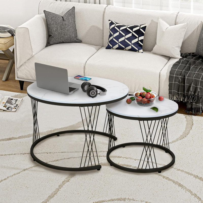 Nesting Coffee Table Set Of 2, Round Side Tables For Living Room, Apartment (), Black