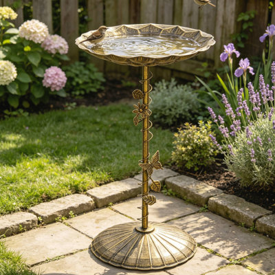 29" H Bird Bath Antique Bronze Metal Pedestal with Butterfly & Vine Details, Honeycomb Basin Decorative Bird Feeder for Outdoor Garden, Yard & Patio