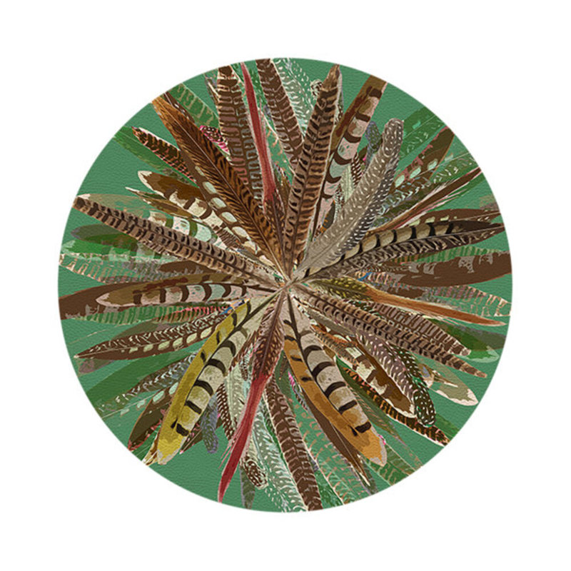 Pheasant Feathers Vegan Leather Round Pebble Placemat, Green