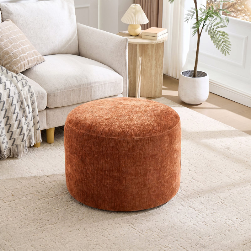 Regeani 57.5cm W Round Upholstered Pouf Ottoman with Chenille Fabric and Thick Padded Seat, Brown Chenille