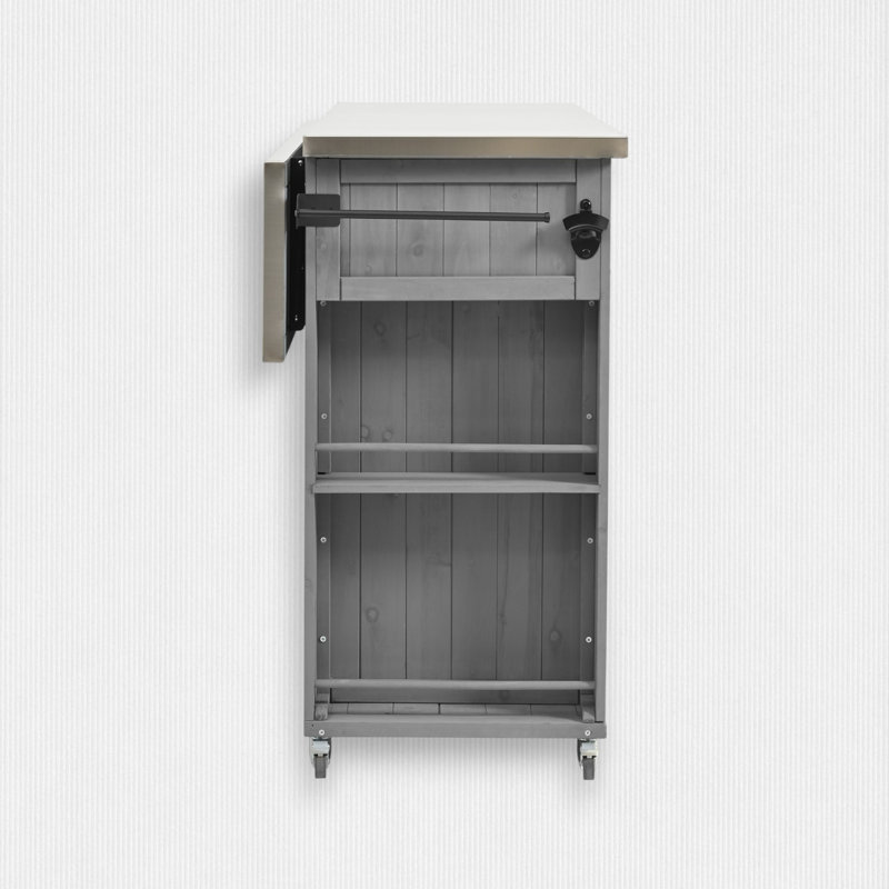 Fir Wood Kitchen Island with Stainless Steel Top, Gray