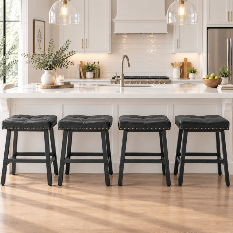 Set of 4 Counter Height Bar Stools, Backless Saddle Counter Stools with Faux Leather Upholstered Seats, Tufted Nailhead Trim, Kitchen Island Stools for Home Bar, Dining Room & Kitchen